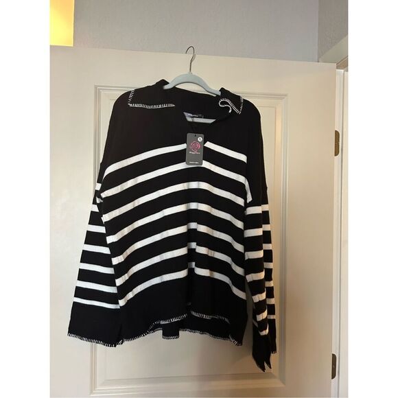 NEW Black V Neck Striped Oversized Collared Chunky Knit Pullover Sweater XL - Picture 3 of 5